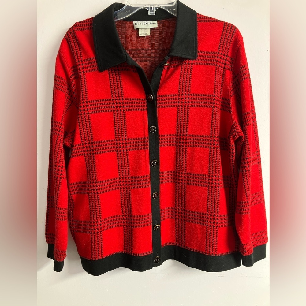 Women’s Button Front Plaid Sweater, Large, Red/Black, by Ecco Petite